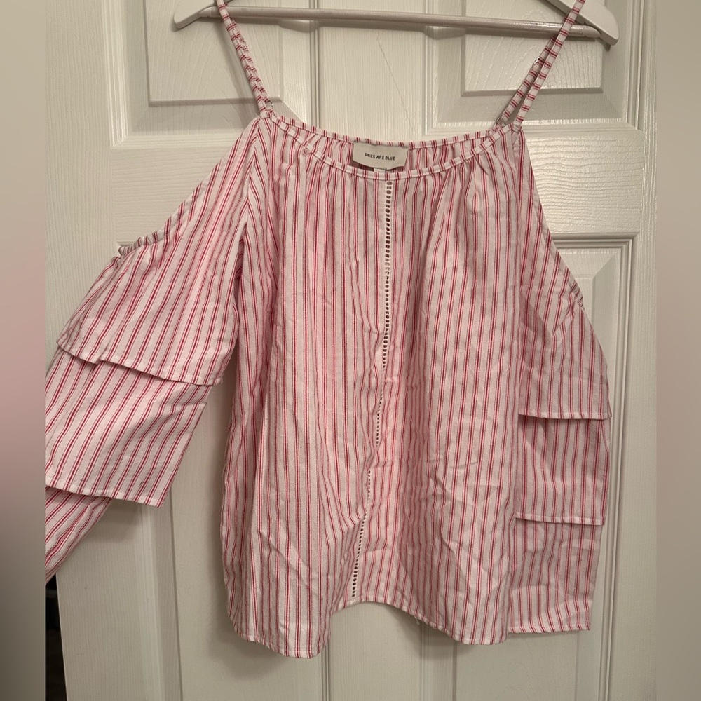 Skies are Blue White and Red Striped Top Size S